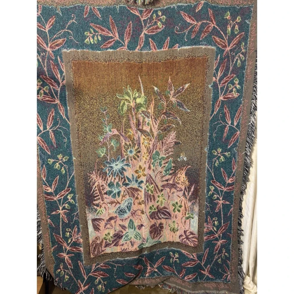 Vintage Woven Tapestry Throw Blanket Wildflower Botanical Butterfly 49